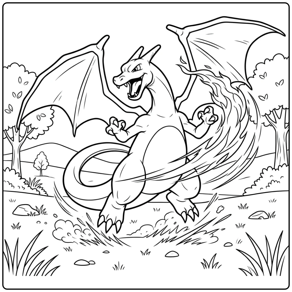 Energetic Pokemon Charizard X Practicing Fighting Moves coloring page