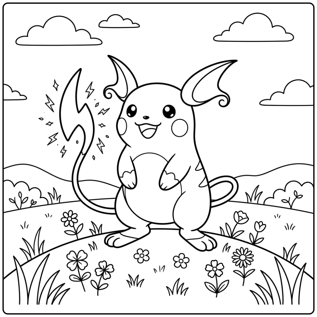 Energetic Raichu on Grassy Hill with Flowers coloring page