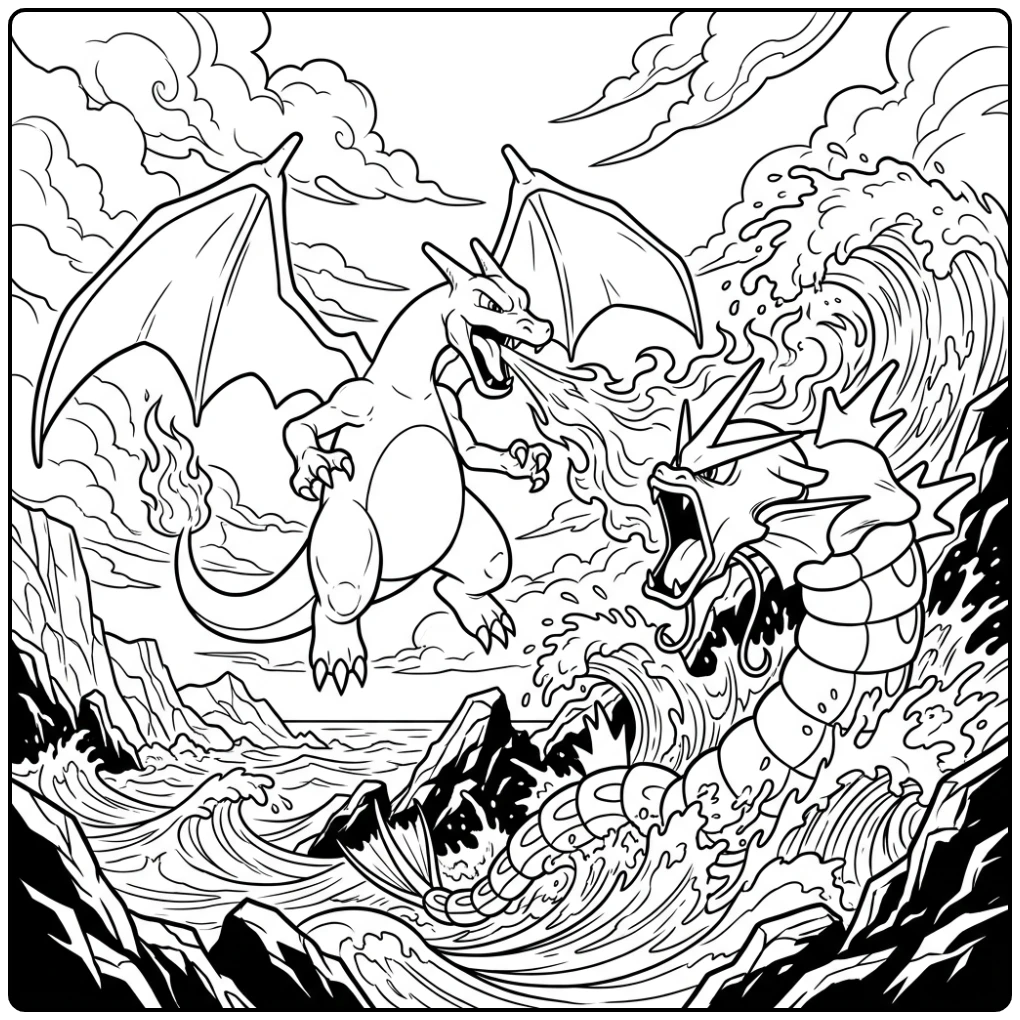 Epic Pokemon Charizard Detailed Duel with Flames and Waves coloring page