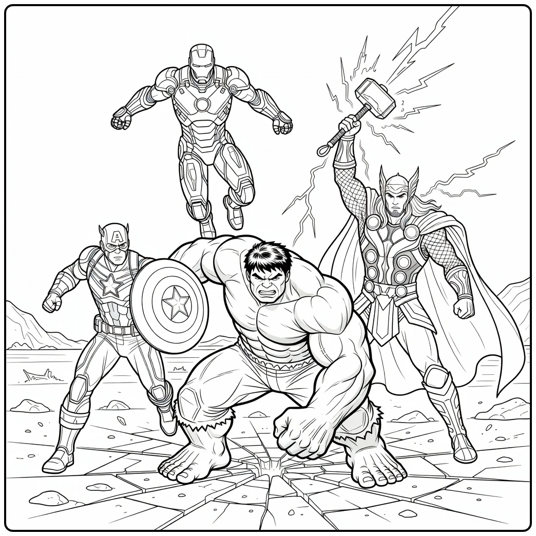 Epic Avengers Heroes Ready for the Battle coloring page