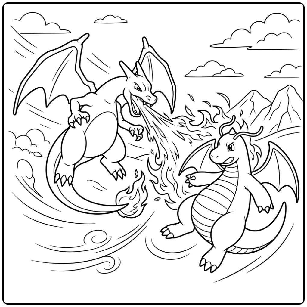 Epic Charizard in a Fiery Battle in the Sky coloring page