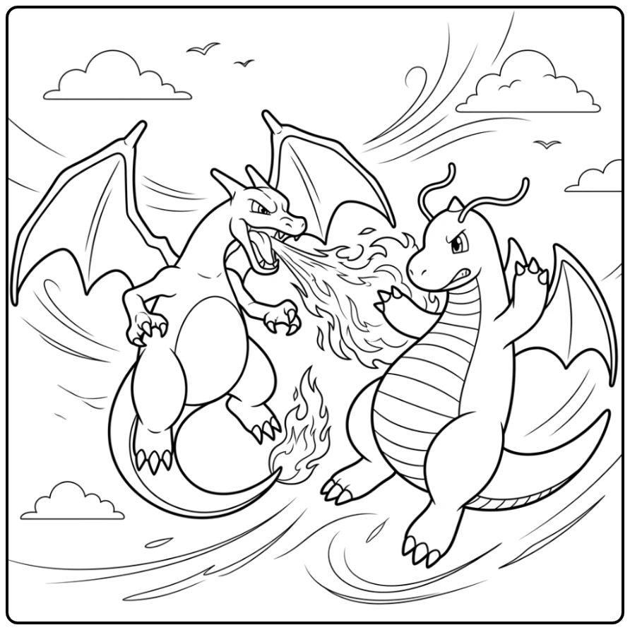 Epic Charizard Flame Attack Against Dragonite coloring page