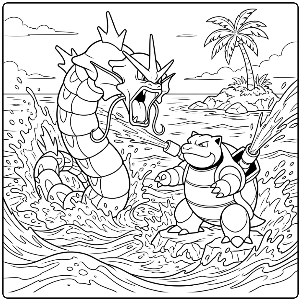 Epic Gyarados Battle Against Blastoise coloring page