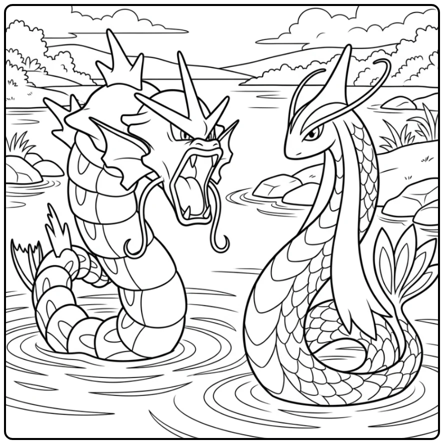 Epic Battle Among Gyarados and Milotic coloring page