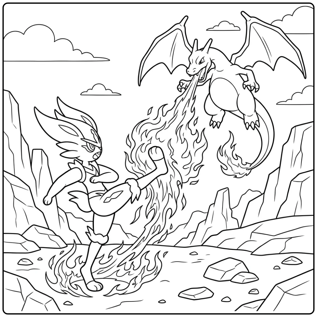 Epic Pokemon Cinderace Action with Flames coloring page