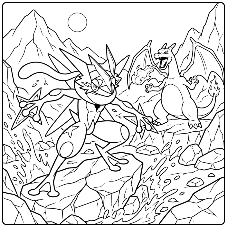 Epic Pokemon Mega Greninja Against Charizard Battle coloring page
