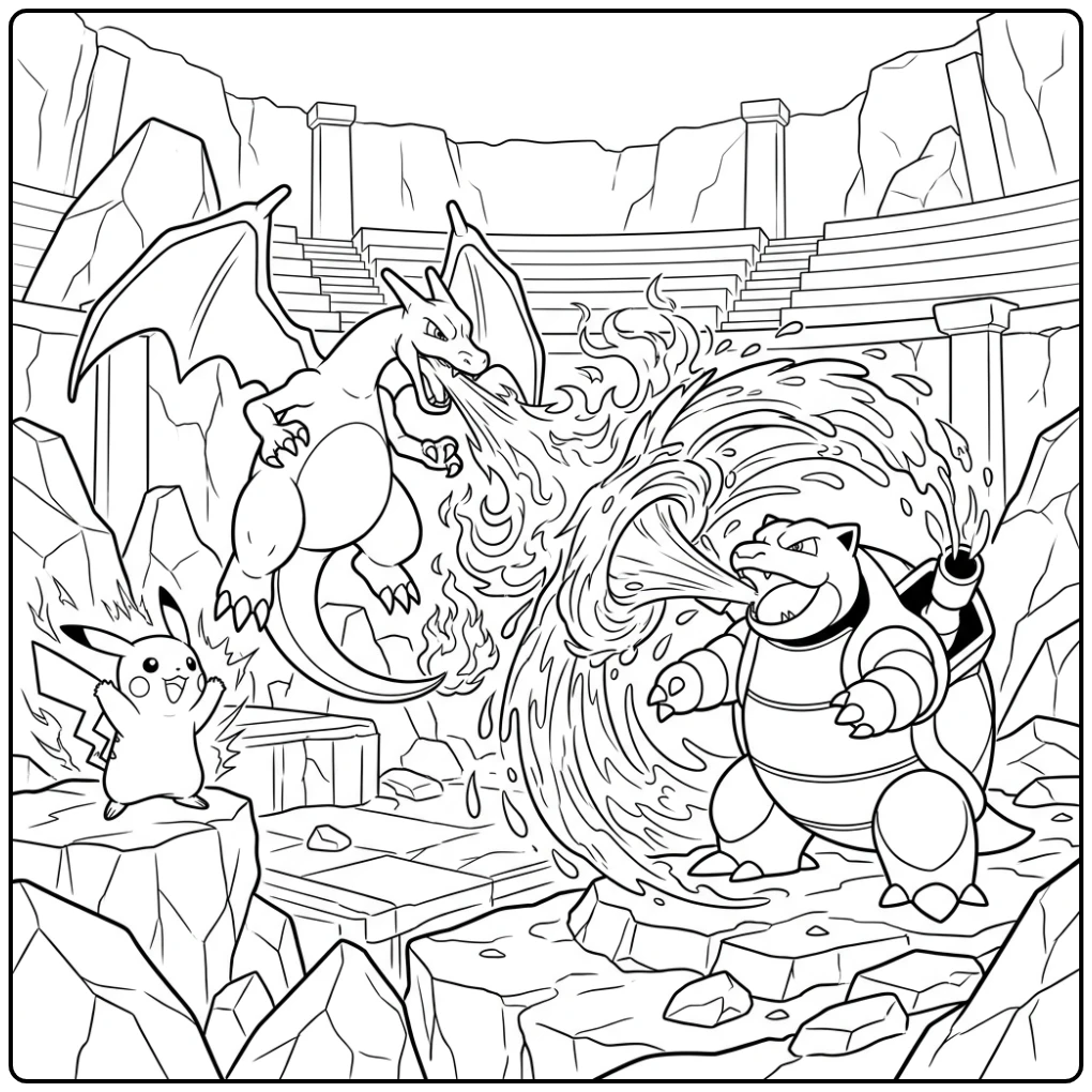 Epic Pokemon Detailed Charizard and Blastoise Battle coloring page
