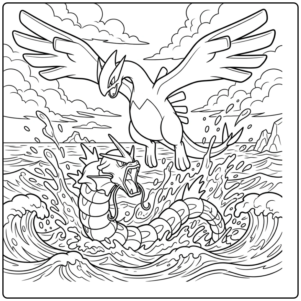 Epic Pokemon Detailed with Lugia and Gyarados coloring page