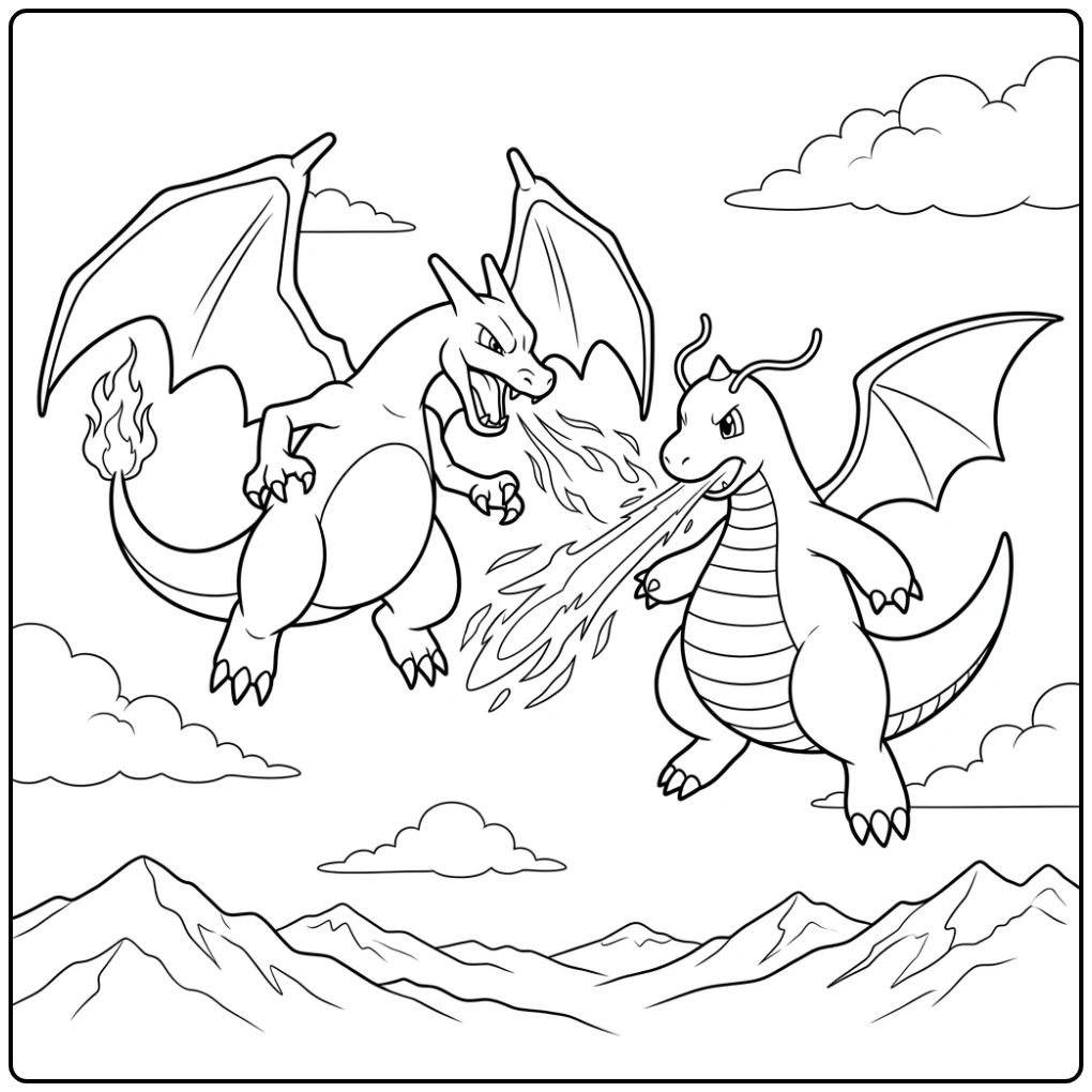 Epic Pokemon Charizard X Aerial Battle Versus Dragonite coloring page