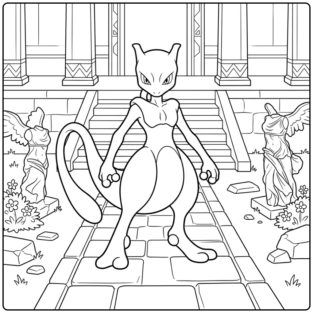 Epic Mewtwo in a Temple Garden coloring page