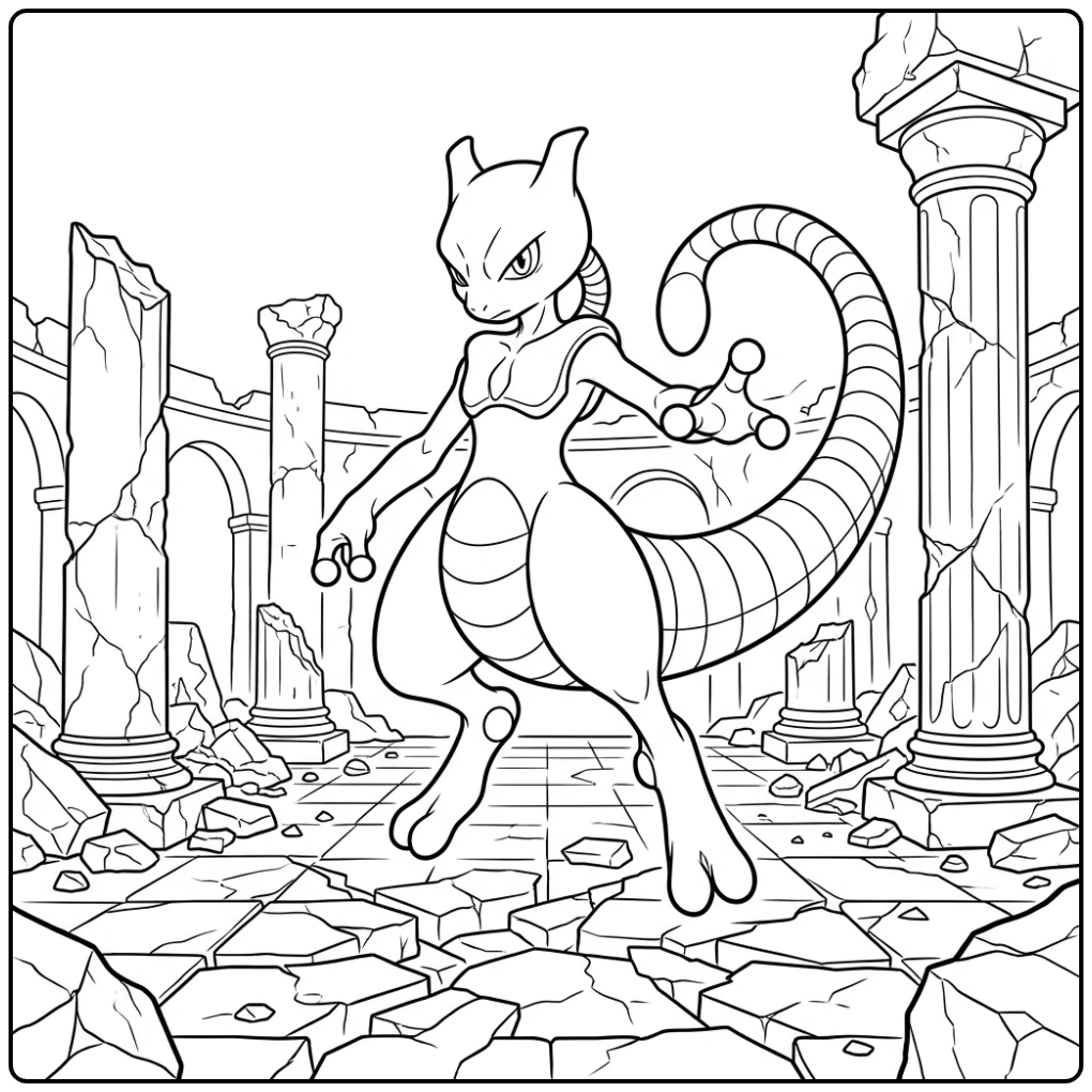 Epic Mewtwo in a Destroyed Stone Arena coloring page
