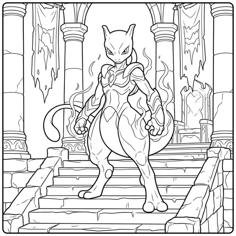 Epic Mewtwo on a Stone Cliff with Banners coloring page