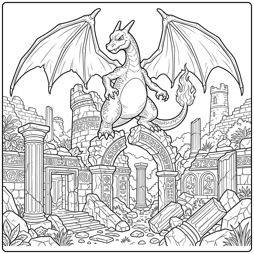 Epic Pokemon Charizard Detailed Scene on Old Runes coloring page
