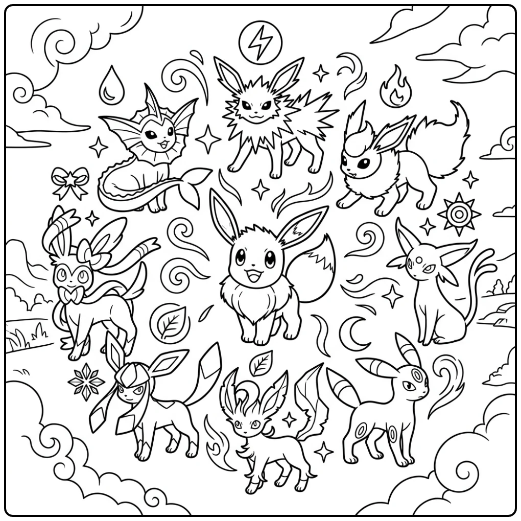 Epic Pokemon Eevee Evolutions Scene coloring page
