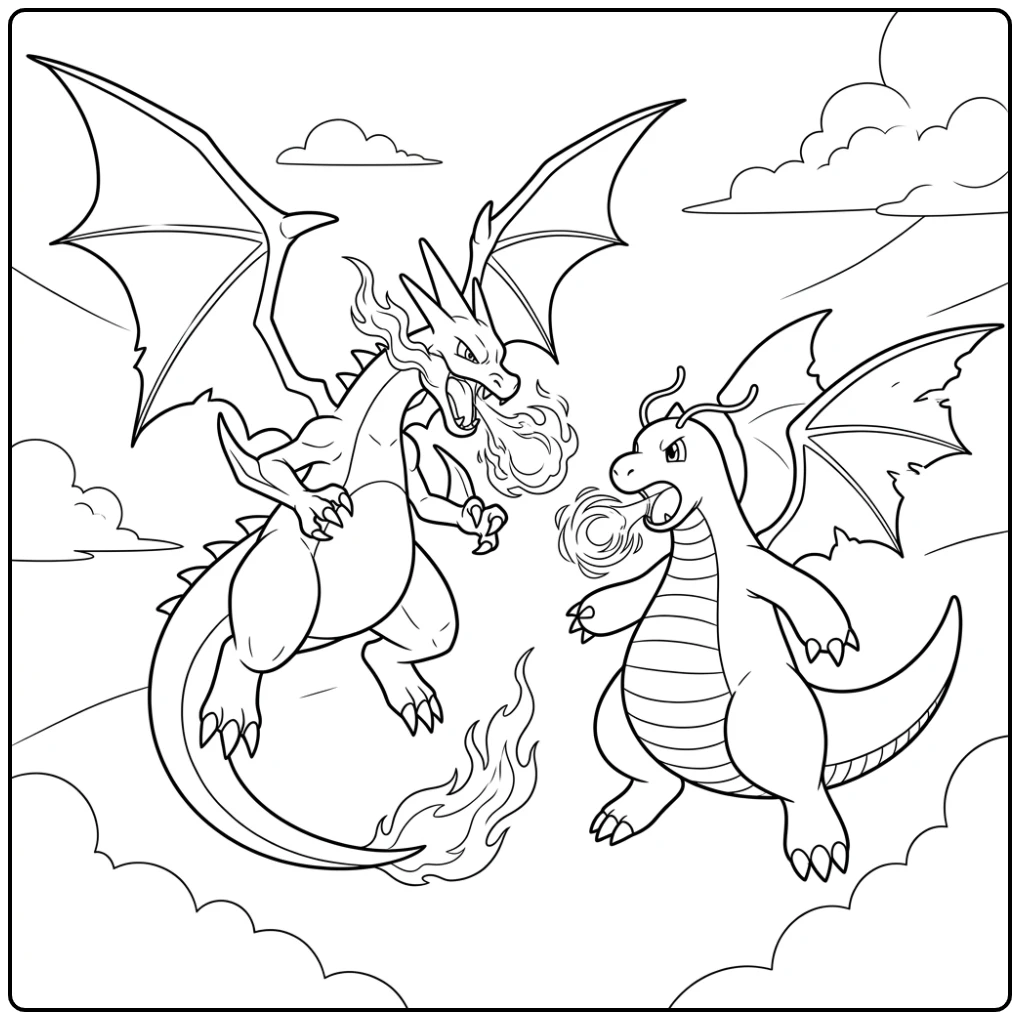 Epic Pokemon Mega Charizard Y Battle with Dragonite coloring page