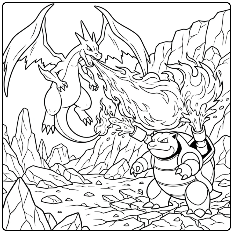 Epic Pokemon Mega Charizard Y Flame Attack Blastoise coloring page