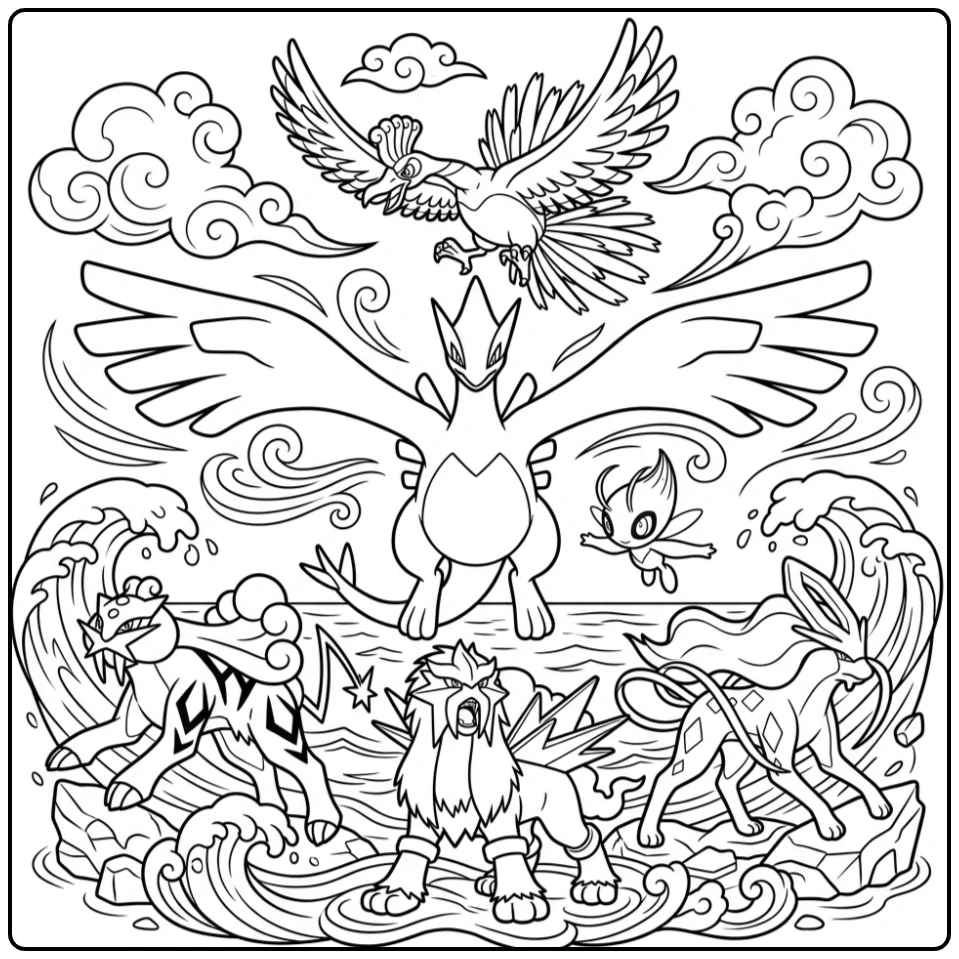 Pokemon Lugia and Legendary Johto Pokemon coloring page