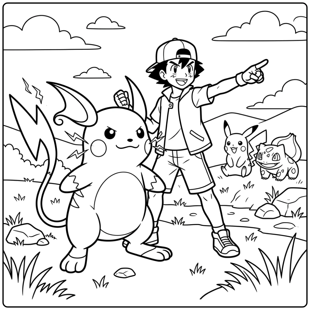 Epic Raichu and Ash Ready for Action coloring page