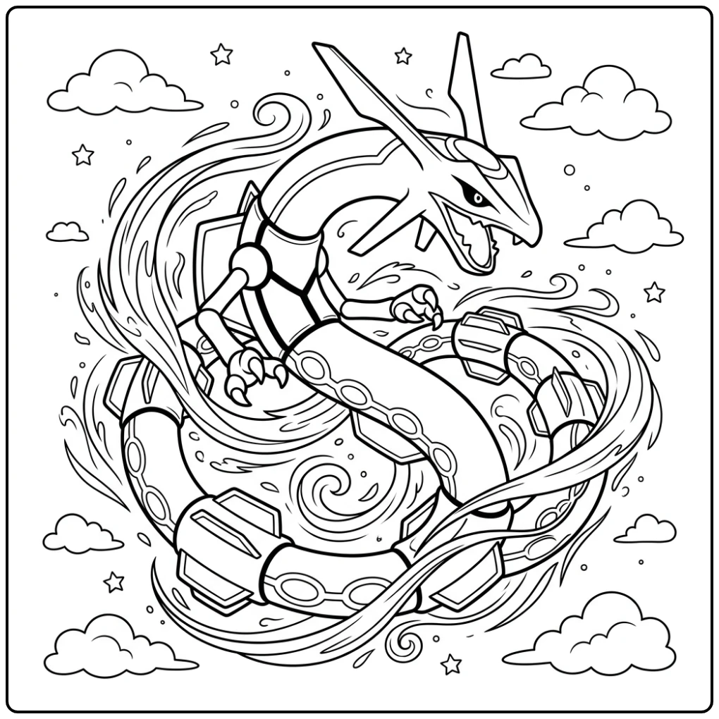 Epic Rayquaza Swirling Through the Starry Sky coloring page