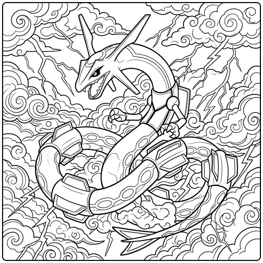 Epic Rayquaza Pokemon Detailed Among Clouds coloring page