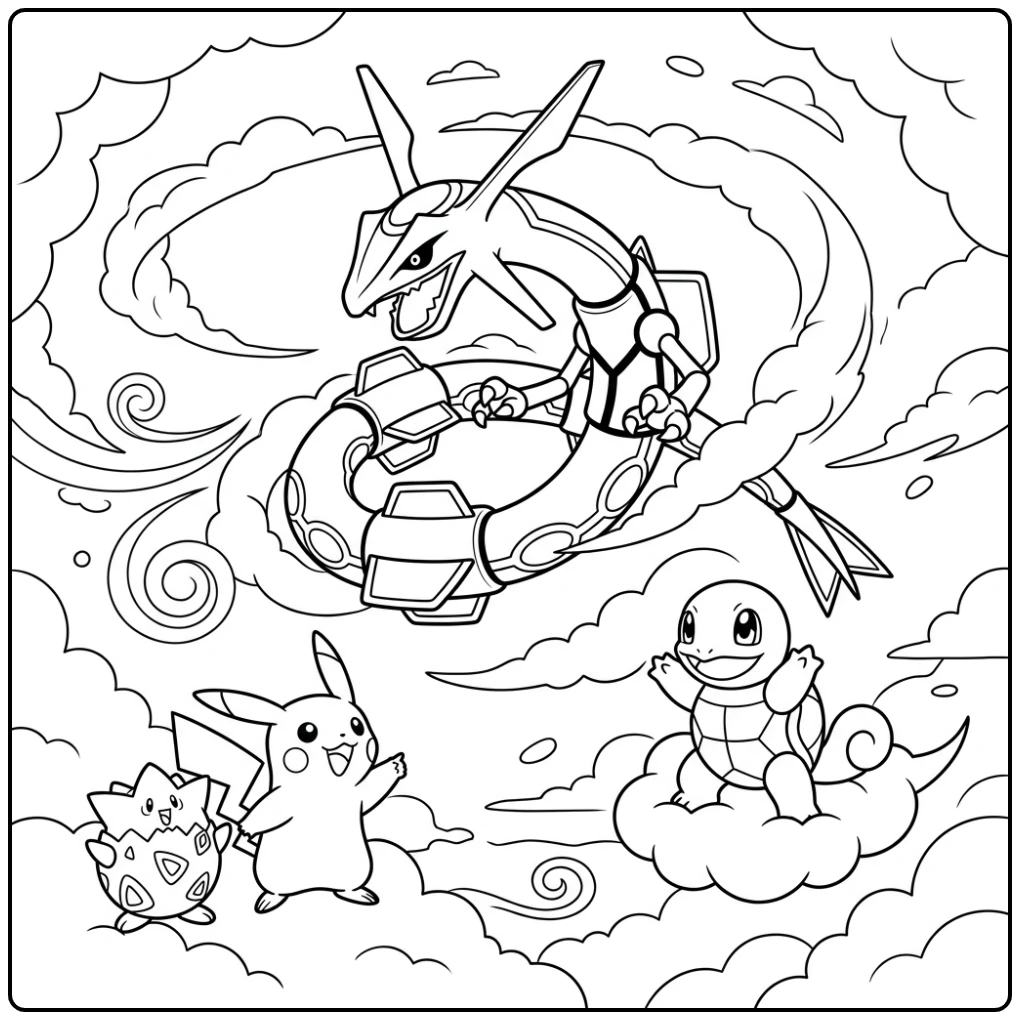 Epic Rayquaza Squirtle Pikachu Togepi coloring page
