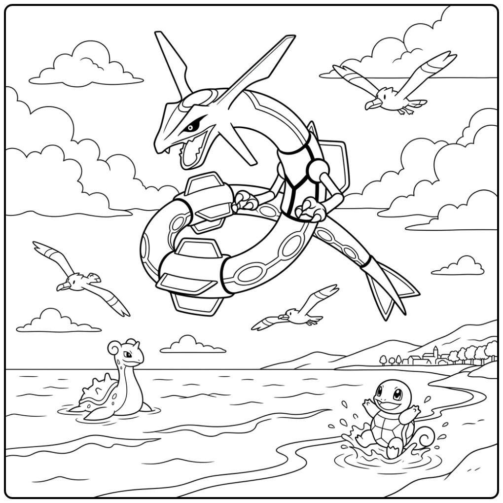 Epic Rayquaza Floating Above Sea coloring page