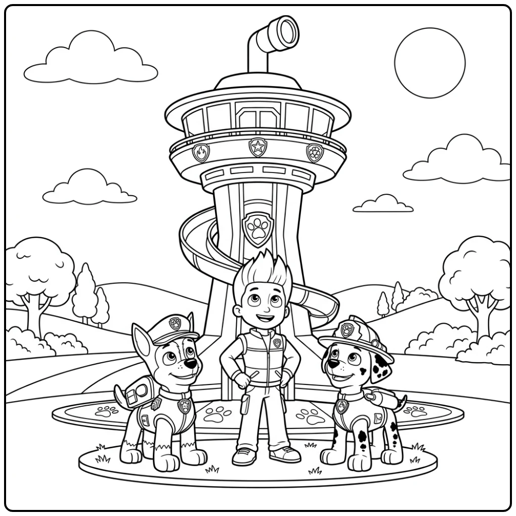 Fantastic Paw Patrol Lookout Tower with Ryder and the Team coloring page
