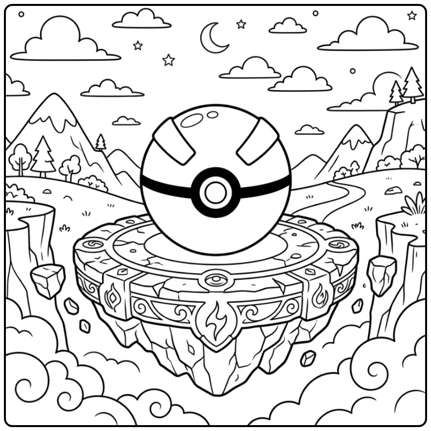 Fantasy Poke Ball on Floating Island coloring page