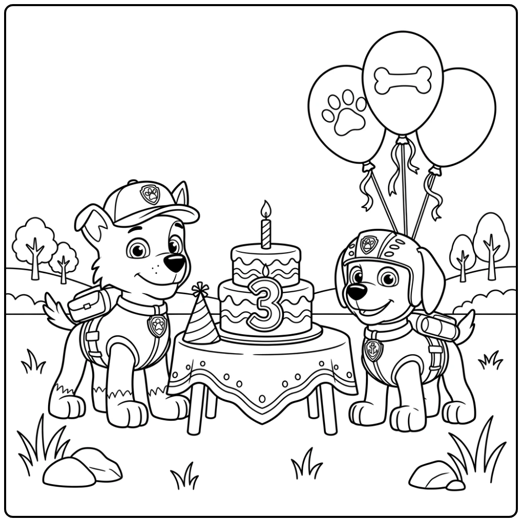 Party with Zuma and Rocky Paw Patrol 3rd Birthday coloring page