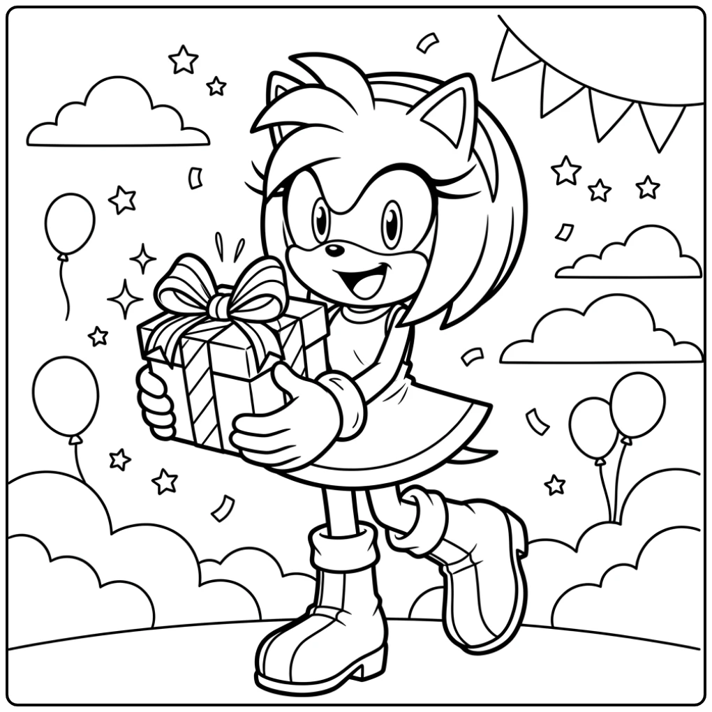 Festive Amy Rose with Gift and Smile coloring page