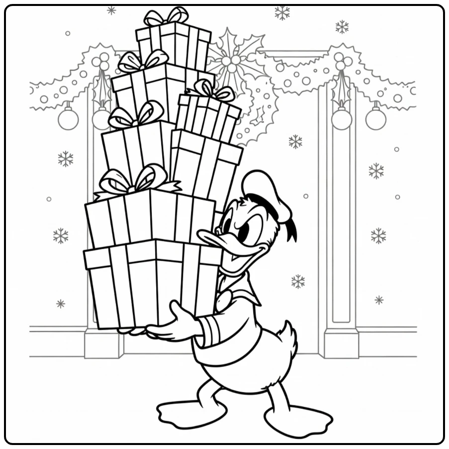Festive Donald Duck Christmas Carrying Gifts coloring page