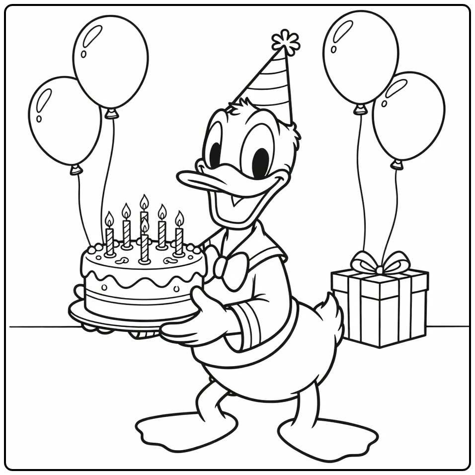 Festive Donald Duck Birthday with Balloons and Gifts coloring page
