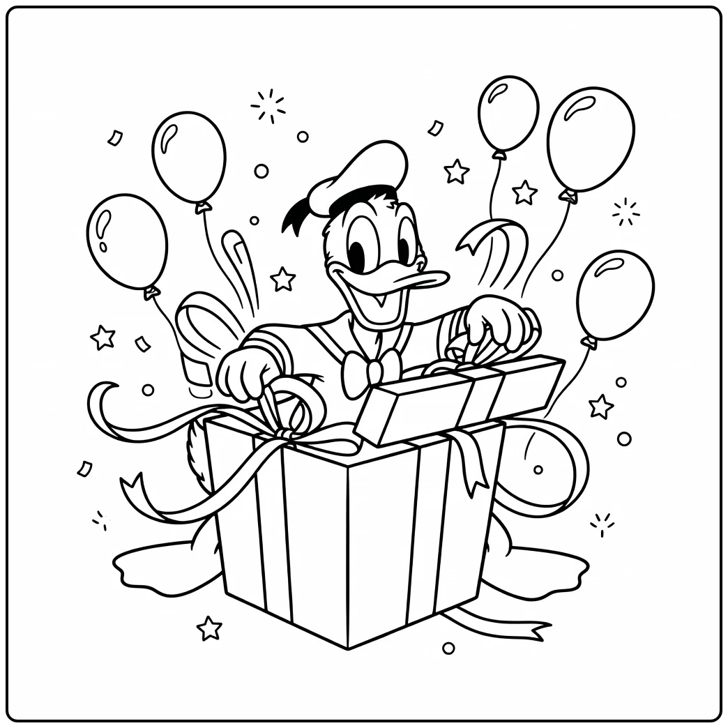 Festive Donald Duck Birthday with Gift coloring page
