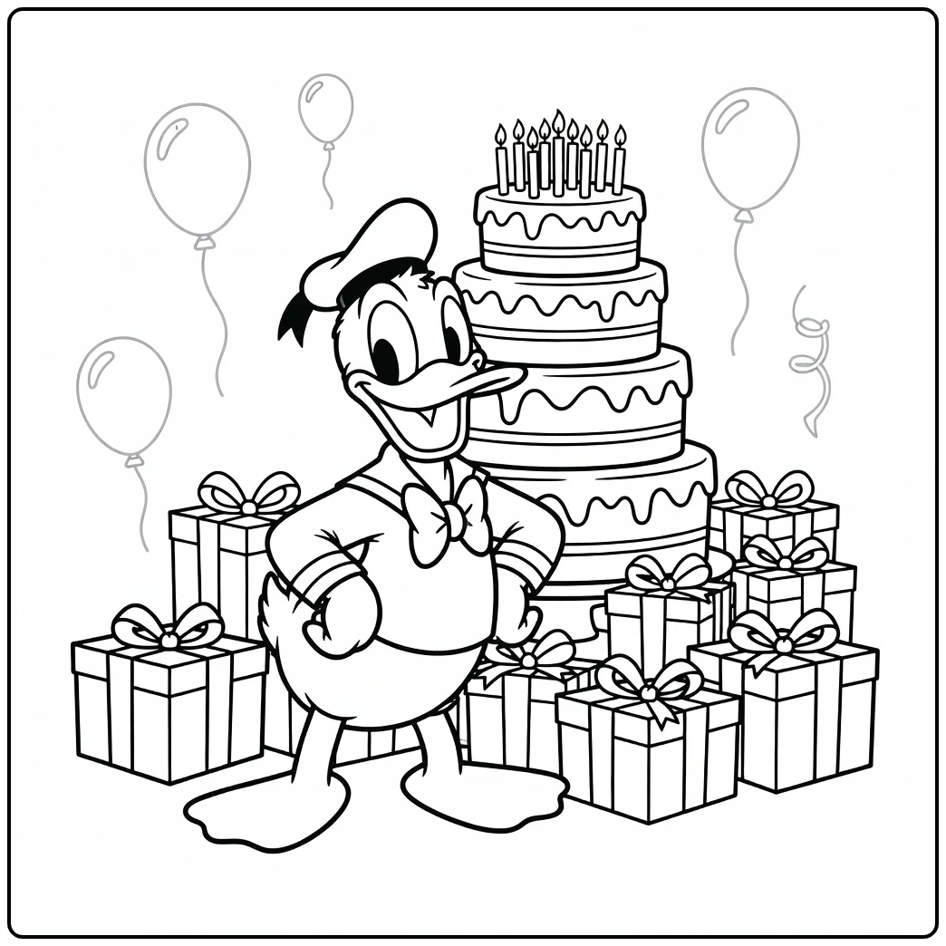 Festive Donald Duck Birthday with Cake and Gifts coloring page
