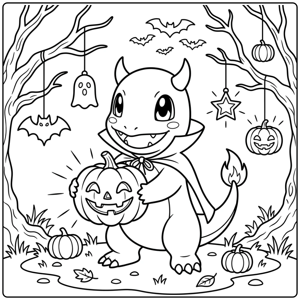 Festive Halloween Pokemon Charmander with Pumpkin Fun coloring page