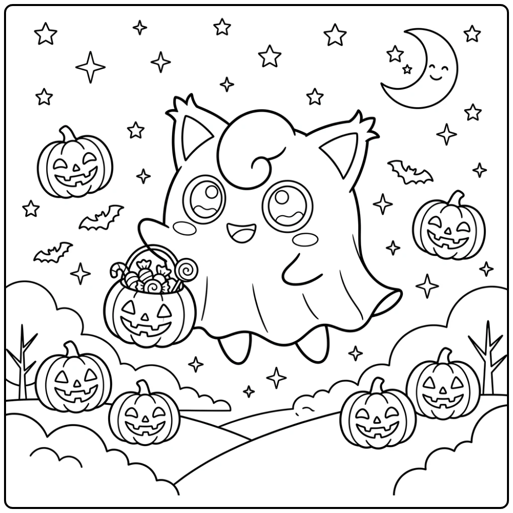 Festive Halloween Pokemon Jigglypuff with Candy coloring page