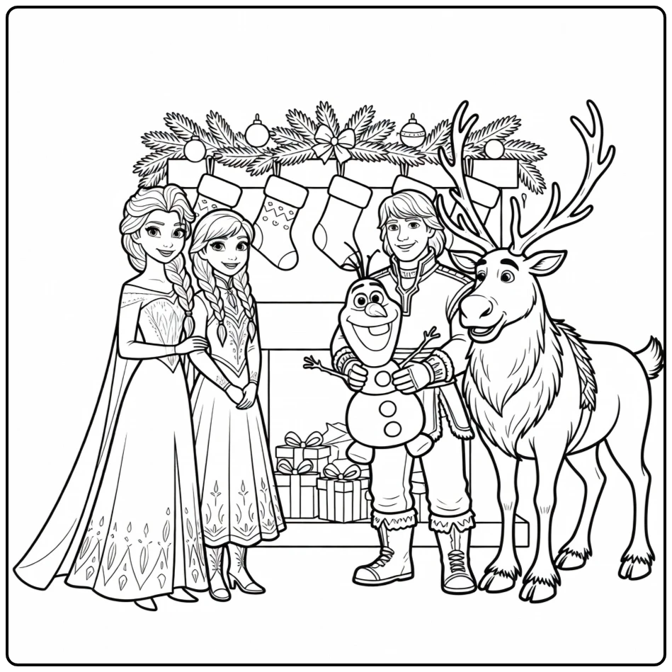 Festive Christmas Frozen with the Open Fireplace coloring page
