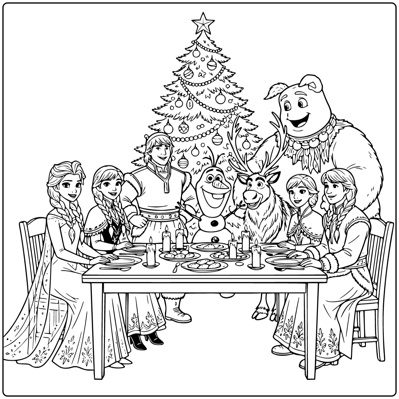 Festive Christmas Frozen with All the Characters coloring page