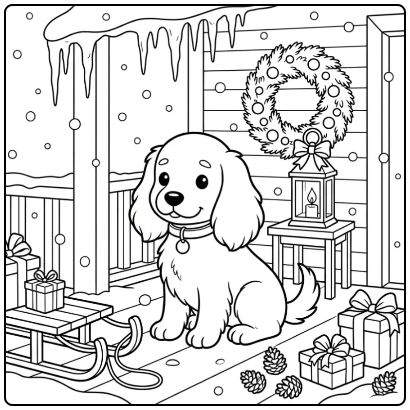 Festive Christmas Puppy with Snow and Gifts coloring page