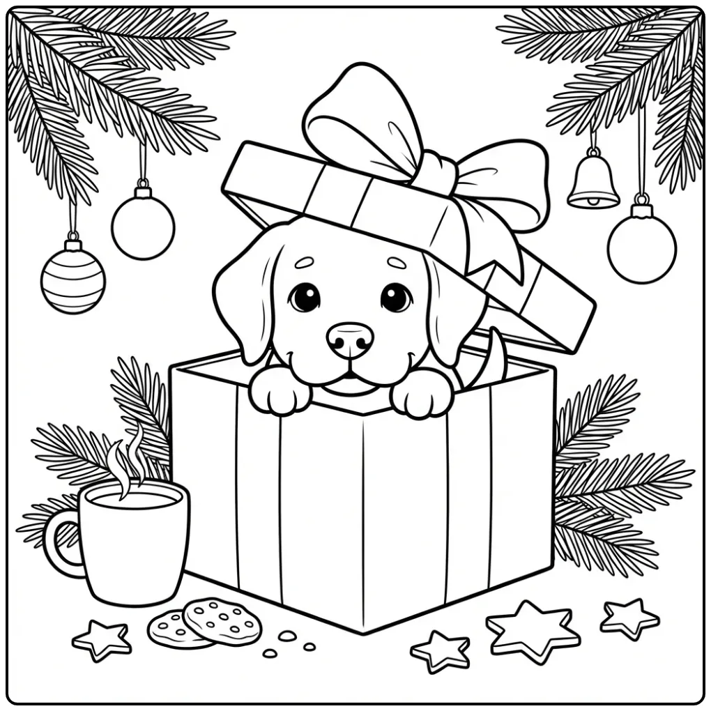 Festive Christmas Puppy with Hot Chocolate coloring page