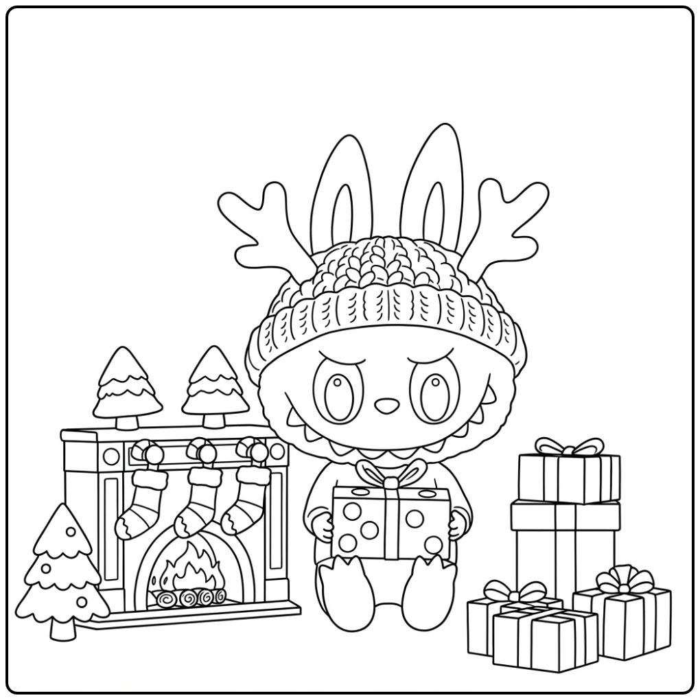 Festive Labubu Christmas with a Reindeer Hat coloring page