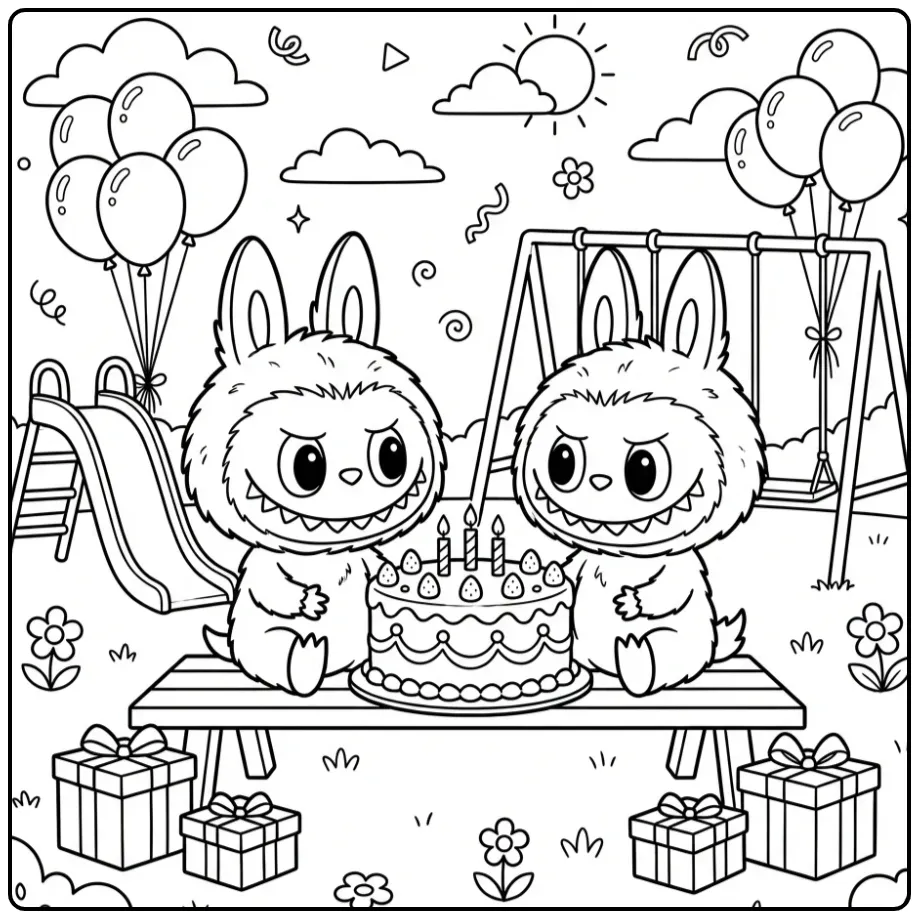 Festive Labubu Birthday in the Playground coloring page