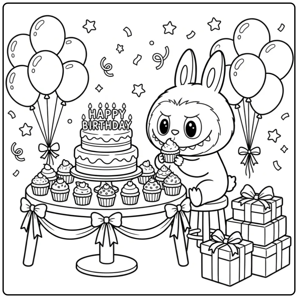 Festive Labubu Birthday with Cupcakes coloring page