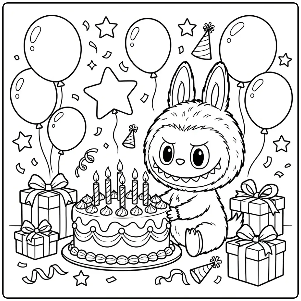 Festive Labubu Birthday with Cake and Gifts coloring page
