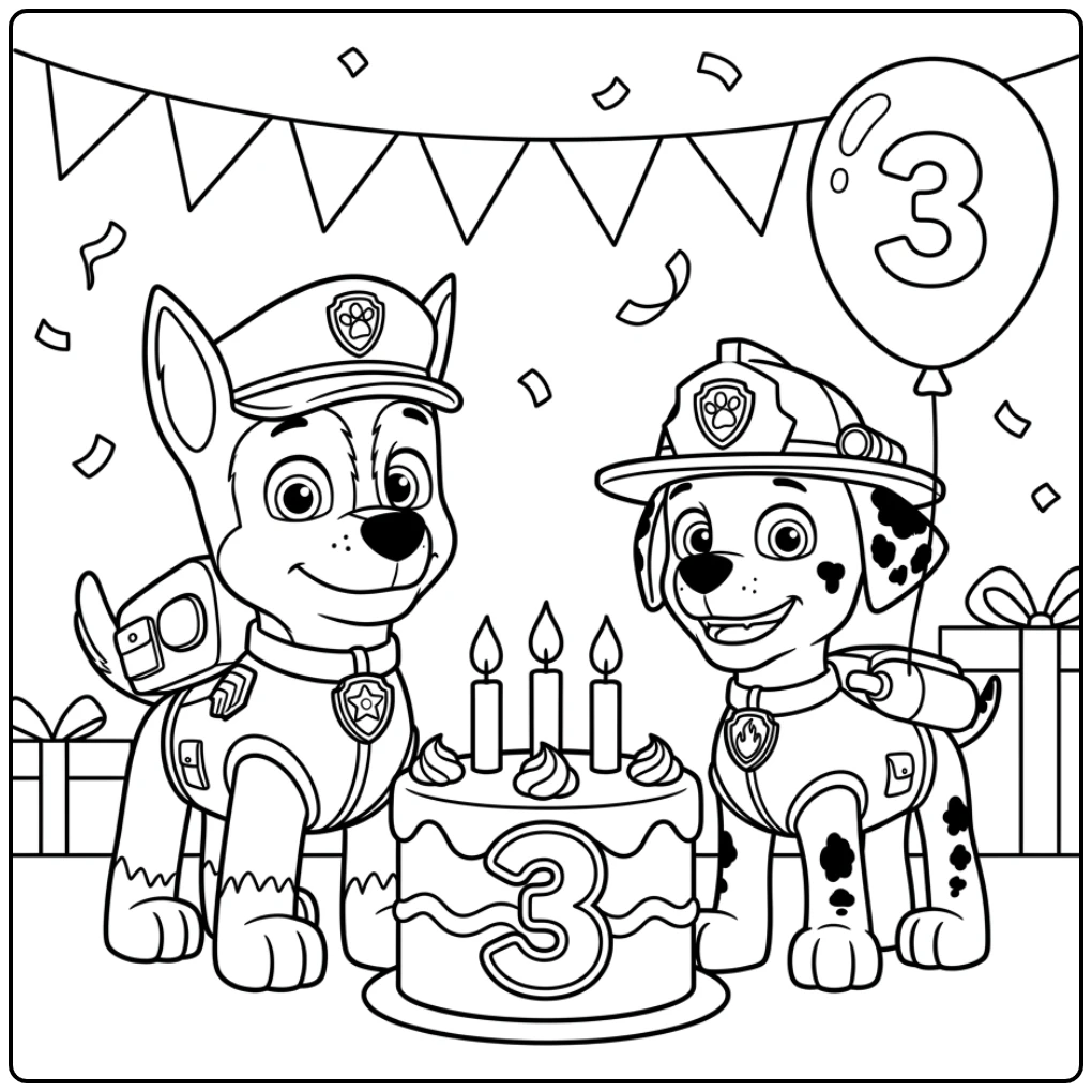 Festive Paw Patrol 3rd Birthday with Chase and Marshall coloring page