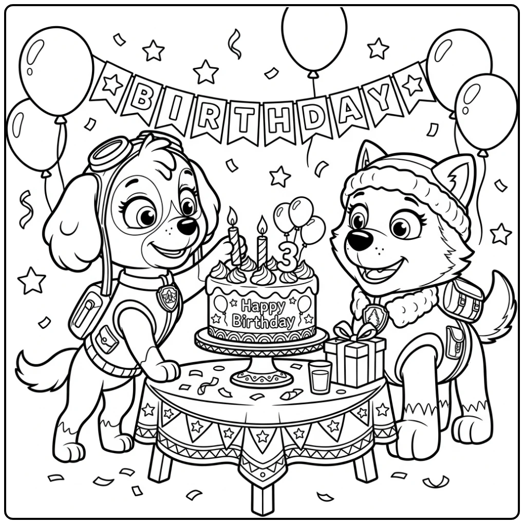 Festive Paw Patrol 3rd Birthday Skye and Everest coloring page