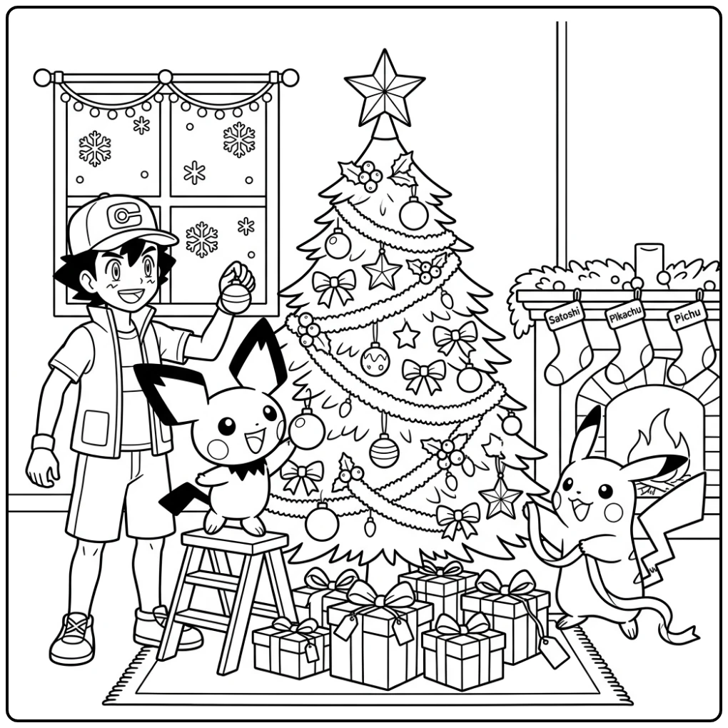Festive Pichu Christmas with Pikachu and Gifts coloring page
