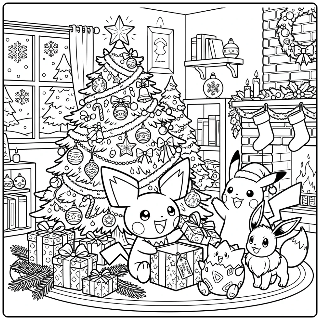 Festive Pichu Christmas with Pikachu and Eevee coloring page