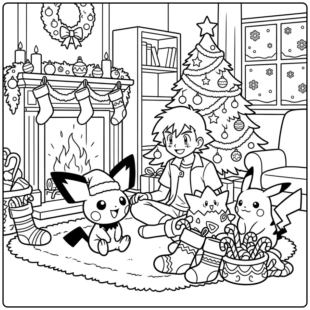 Festive Pichu Christmas with Pikachu and Togepi coloring page