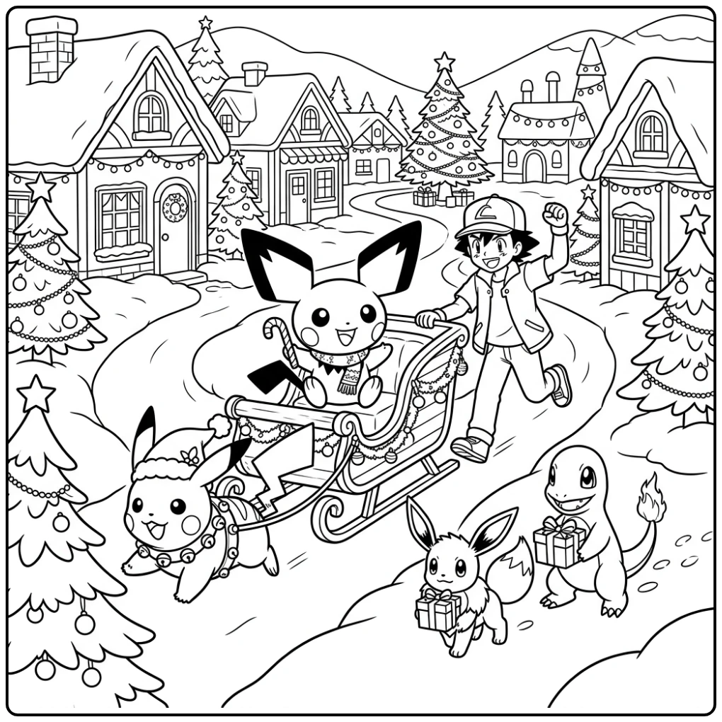 Festive Pichu Christmas with Friends coloring page